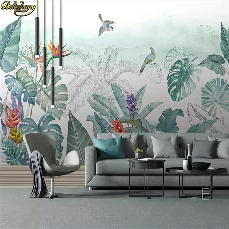 

beibehang Custom wallpaper Nordic hand-painted small fresh tropical plants flowers and birds background 3D murals wall paper