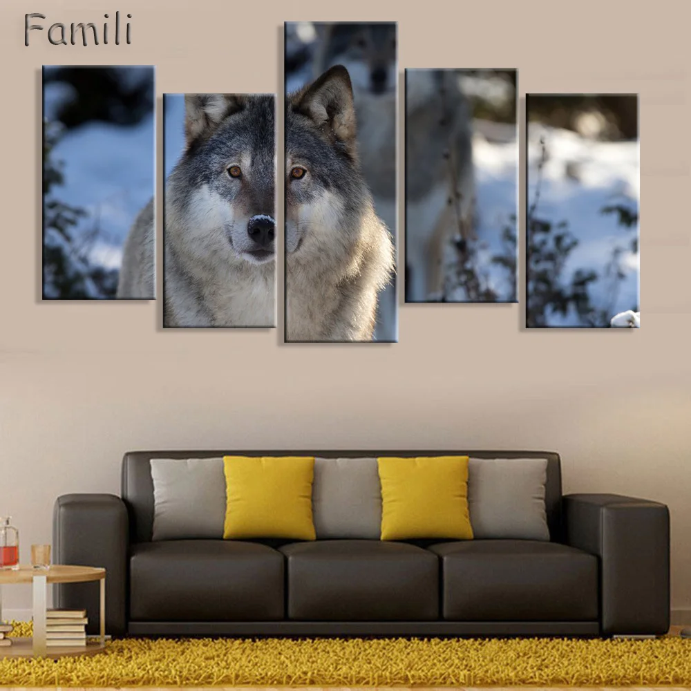 5 панелей современные картины на холсте искусство волк картина для гостиной