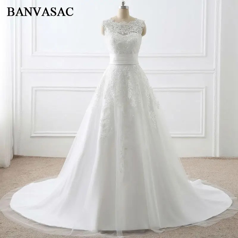 BANVASAC 2017 New A Line Elegant Embroidery Sweetheart Wedding Dresses Sleeveless Sash Satin Sweep Train Lace Bridal Gowns
BANVASAC 2017 New A Line Elegant Embroidery Sweetheart Wedding Dresses Sleeveless Sash Satin Sweep Train Lace Bridal Gowns