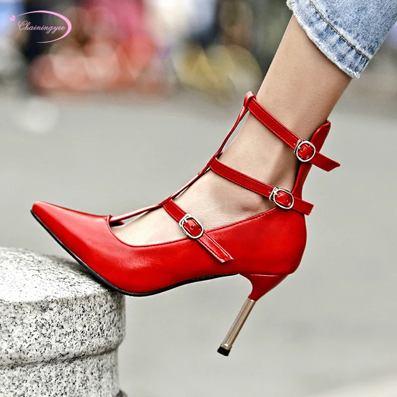 

European nightclub style sexy pointed toe summer sandals fashion sequined buckle black red high-heeled stiletto women's shoes