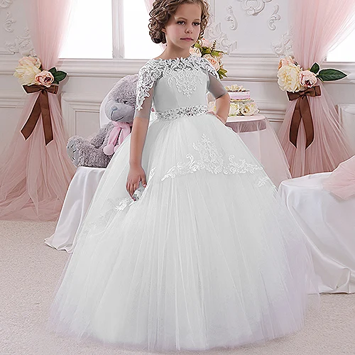 

Fancy Champagne Flower Girl Dress with Beige Ribbon Bow Crew Neck Mesh Ball Gowns Kids Holy Communion Dresses For Christmas 2-14