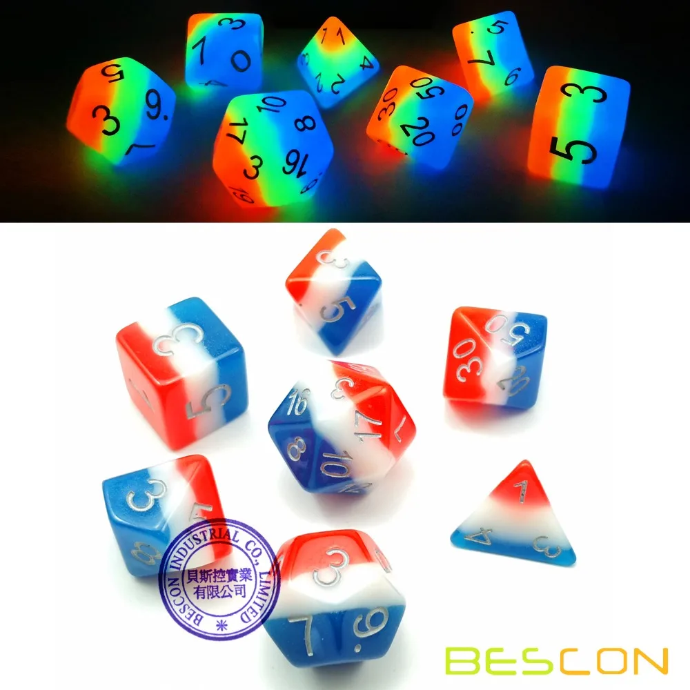Bescon светящиеся многогранные игральные кости 7 шт. в комплекте Французский