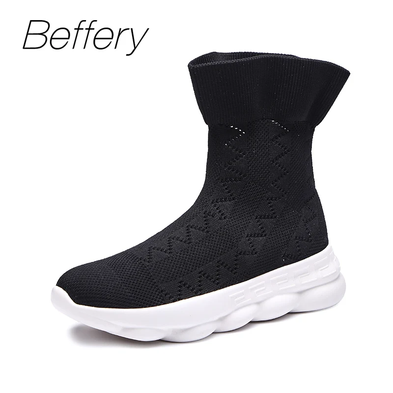 Beffery slip on вязать женские кроссовки с высоким берцем Удобная Осенняя Повседневное