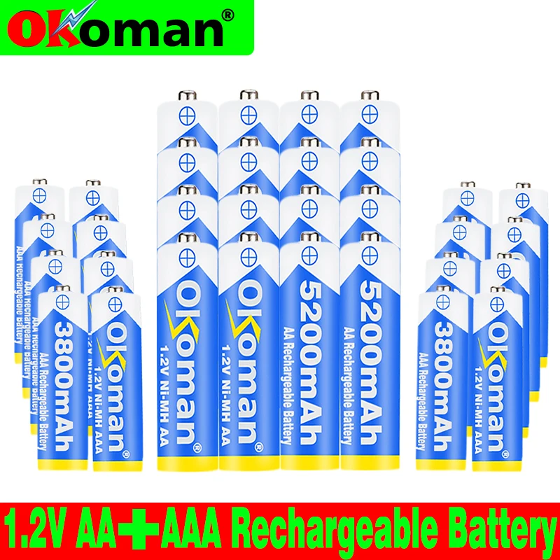 Okoman Высокое качество 5200mAh NI MH пальчиковые Батарейки + AAA батарея 3800 mAh Rechageable 1 2 V