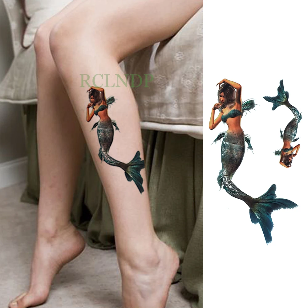 Водостойкая Временная тату наклейка Русалочка рыба поддельные флэш задняя нога