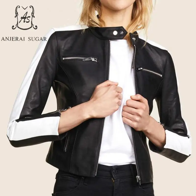 Spring new Sheepskin Genuine Leather jacket women motorcycle Black white splicing zipper mandarin collar OL female short coat
Spring new Sheepskin Genuine Leather jacket women motorcycle Black white splicing zipper mandarin collar OL female short coat