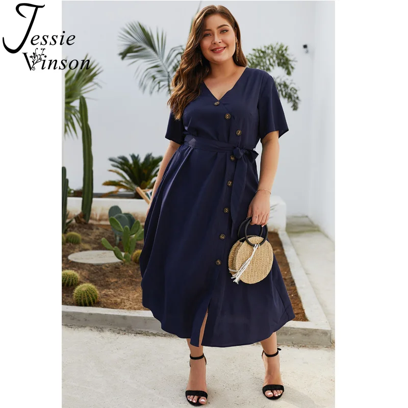Jessie Vinson Short Sleeve V-neck Dark Blue Button Elegant Dress Women Summer Dress Plus Size Elegant Belted Solid Midi Dresses
Jessie Vinson Short Sleeve V-neck Dark Blue Button Elegant Dress Women Summer Dress Plus Size Elegant Belted Solid Midi Dresses