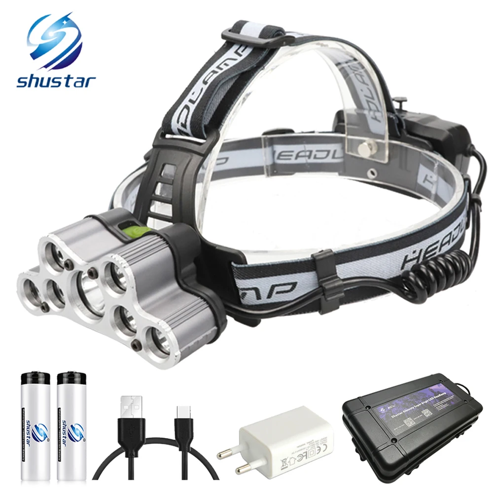Super bright LED headlamp waterproof headlight 6 lighting modes 5xT6 + 2 x Q5 fishing lamp use 2x18650 battery + USB charger
Super bright LED headlamp waterproof headlight 6 lighting modes 5xT6 + 2 x Q5 fishing lamp use 2x18650 battery + USB charger