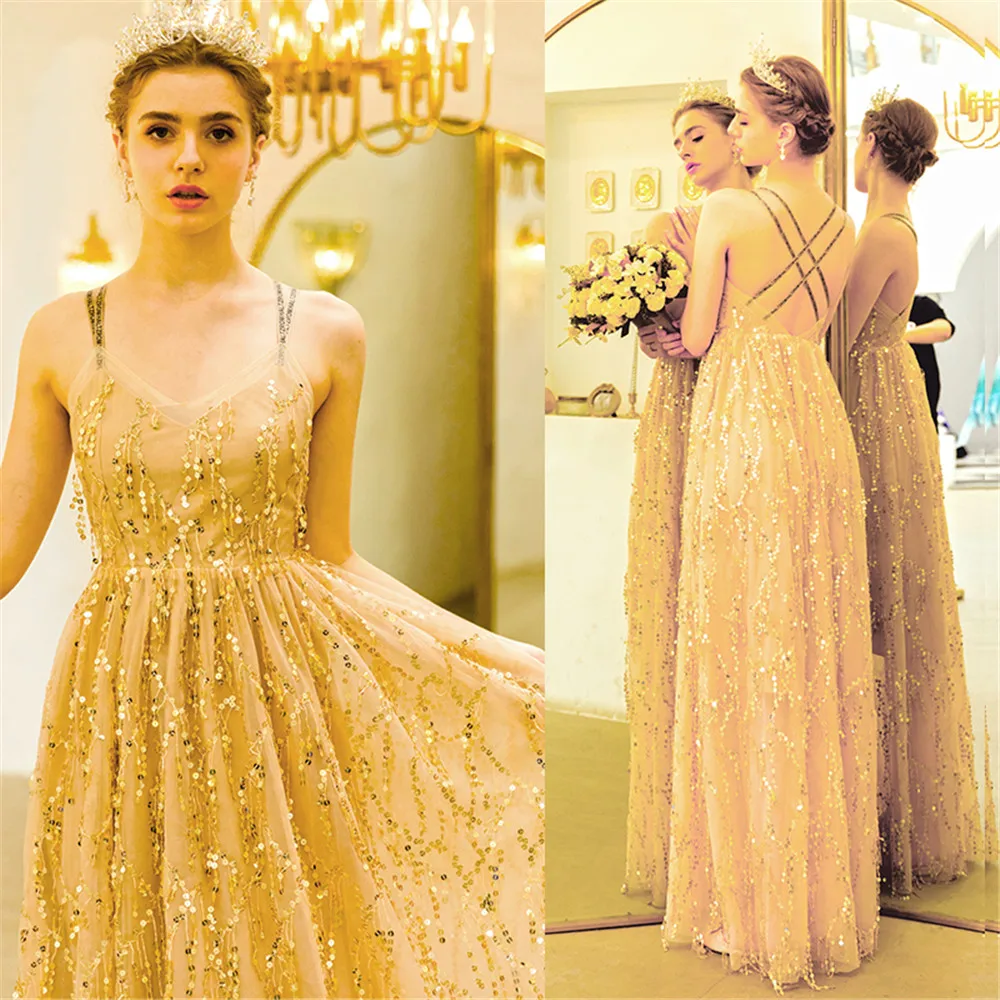 Open Back Golded A-line Sequins Tulle Sexy Long Formal Evening Dresses Bride Banquet Party Prom Dress XH487
Open Back Golded A-line Sequins Tulle Sexy Long Formal Evening Dresses Bride Banquet Party Prom Dress XH487