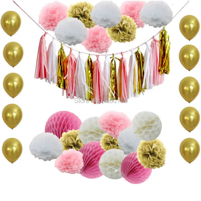 

Pink White and Gold Paper Decorations Tissue Paper Tassel Garland Pom poms Honeycomb Balls Gold Party Balloon for Baby Shower