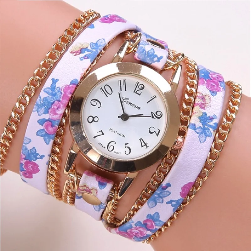 

Gnova Platinum Large Strap Printing Flower Women Watch Fashion wristwatch Golden Rim Chain Reloj Dama PU leather Geneva Style