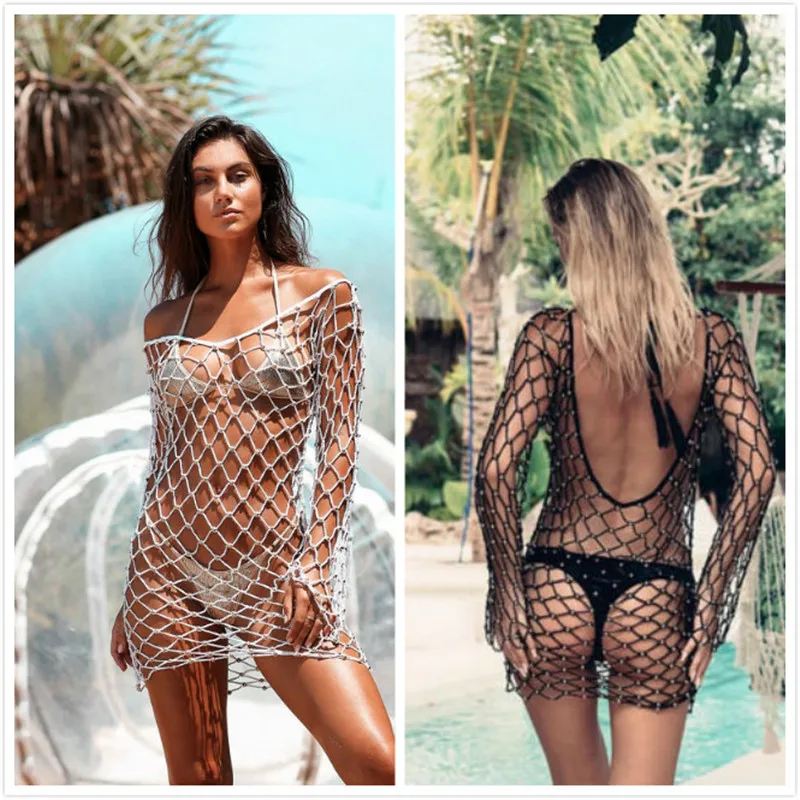Women Pearl Bikini Cover Ups Summer Long Sleeve Hollow Out Fishnet Bathing Suits Cover-Ups Beach Swimwear Swimsuit Mini Dresses
Women Pearl Bikini Cover Ups Summer Long Sleeve Hollow Out Fishnet Bathing Suits Cover-Ups Beach Swimwear Swimsuit Mini Dresses