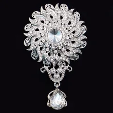 DIEZI Luxury White Crystal Water Drop Brooches for Wedding Women Party Dress Silver Color Rhinestone Bridal Bouquet Brooch pins