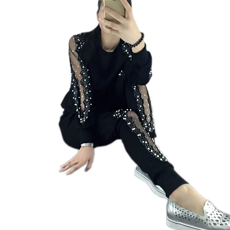 Large Size Spring Black Two Piece Set Women Long Sleeve Hollow Beaded 2 Piece Set Women Round Neck Elastic Waist Suit Female 122
Large Size Spring Black Two Piece Set Women Long Sleeve Hollow Beaded 2 Piece Set Women Round Neck Elastic Waist Suit Female 122