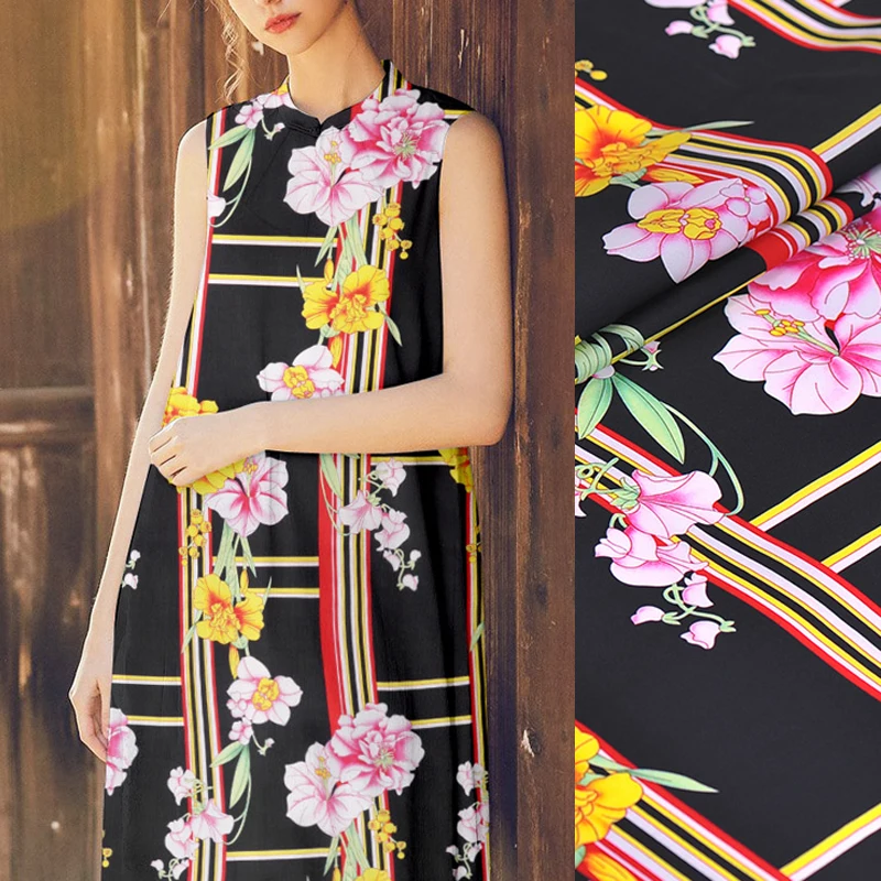 112CM 19MM Pink Yellow Floral Print Stretch Black Heavy Silk Crepe Fabric Good for Spring Summer Dress Skirt Shirt Pants J162
112CM 19MM Pink Yellow Floral Print Stretch Black Heavy Silk Crepe Fabric Good for Spring Summer Dress Skirt Shirt Pants J162