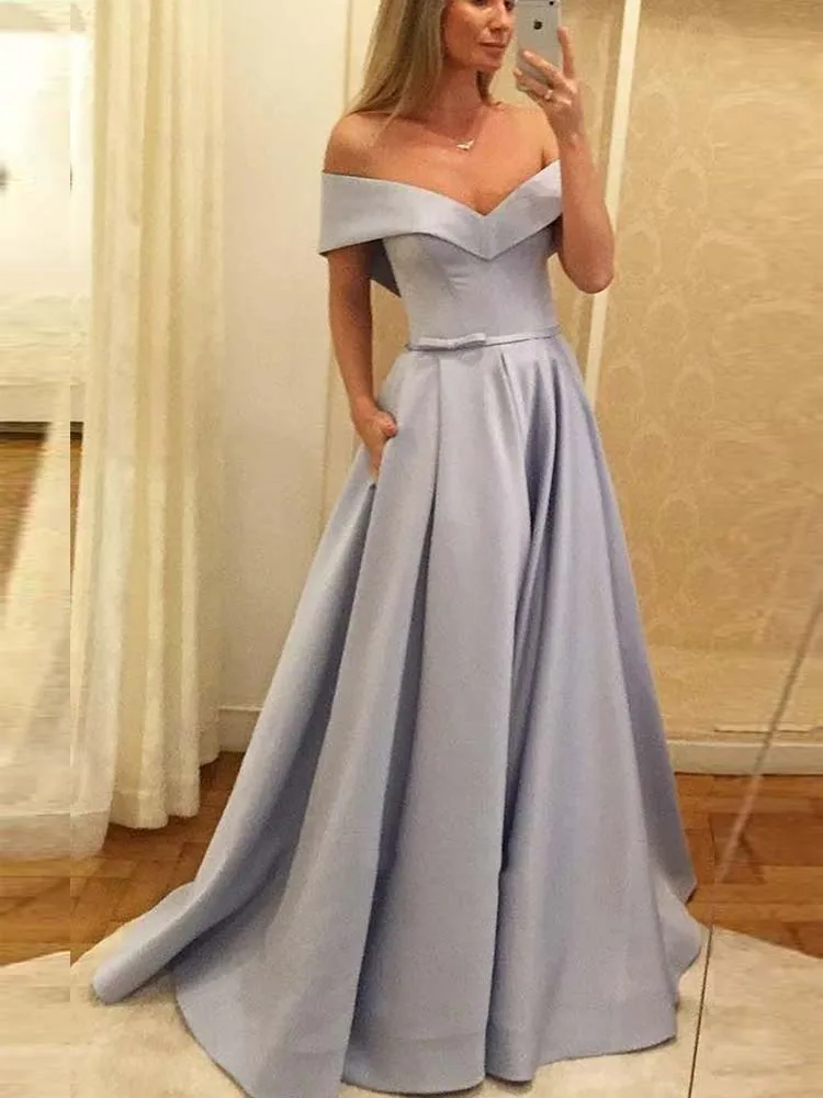 Elegant A-Line Off the Shoulder Grey Satin Long Prom Dresses with Pockets Formal Evening Dresses
Elegant A-Line Off the Shoulder Grey Satin Long Prom Dresses with Pockets Formal Evening Dresses