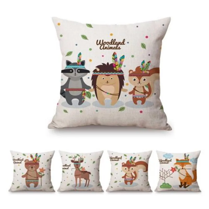 

Cute Cartoon Woodland Animals Baby Nursery Art Home Decor Throw Pillow Case Owl Panda Deer Rabbit Kids Room Sofa Cushion Cover