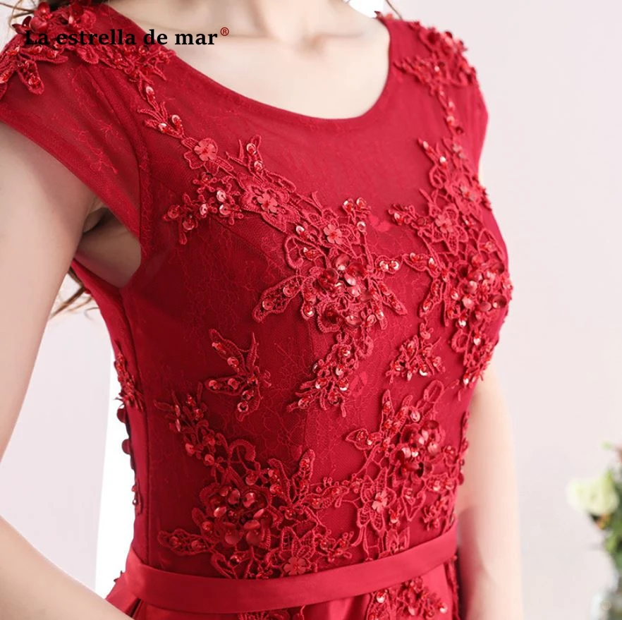 

La Estrella De Mar Brides Maid Dresses 2021 Lace Taffeta Scoop Neck Short Sleeve A Line Red Lavender Bridesmaid Dress Trailing