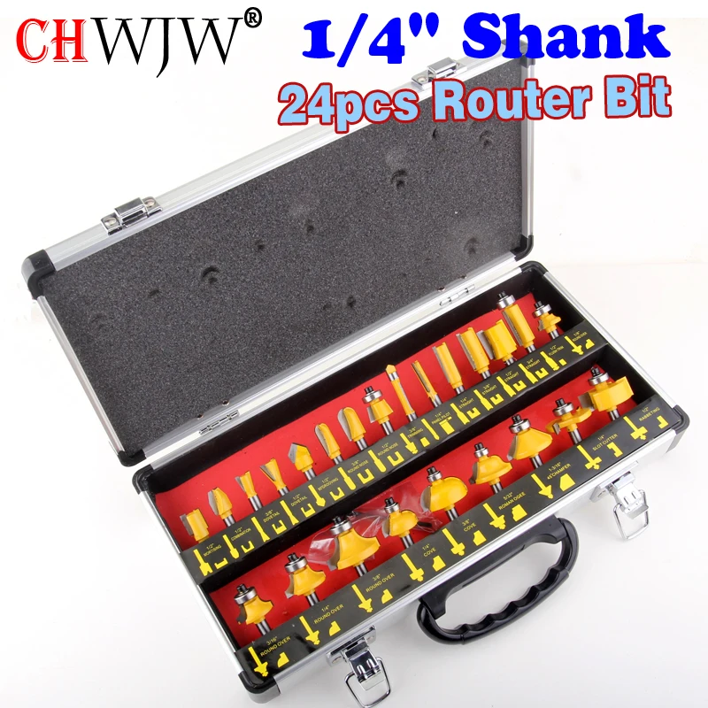 24PCS 1/4"(6.35mm) Shank Tungsten Carbide Router Bit Set Wood Woodworking Cutter Trimming Knife Forming Milling w/ Wood Case box
24PCS 1/4"(6.35mm) Shank Tungsten Carbide Router Bit Set Wood Woodworking Cutter Trimming Knife Forming Milling w/ Wood Case box