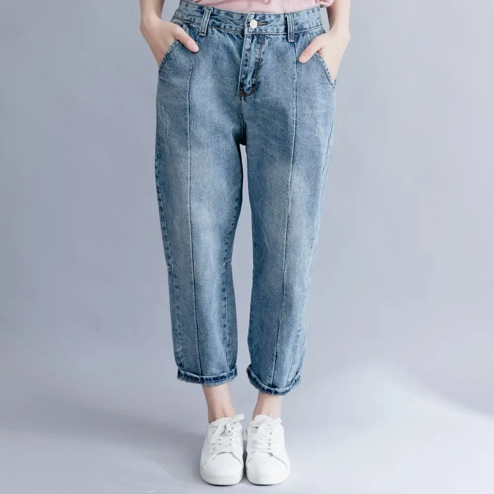 Женские длинные джинсы на молнии Johnature однотонные свободные штаны с карманами