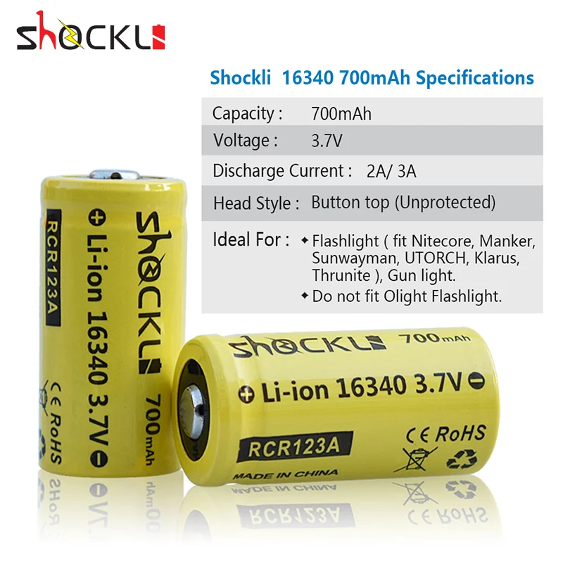 4pcs/lot RCR123A battery Shockli 16340 700mAh 3.7V Li-ion rechargeable battery cr123a for home camera LED Flashlight Headlamp
4pcs/lot RCR123A battery Shockli 16340 700mAh 3.7V Li-ion rechargeable battery cr123a for home camera LED Flashlight Headlamp