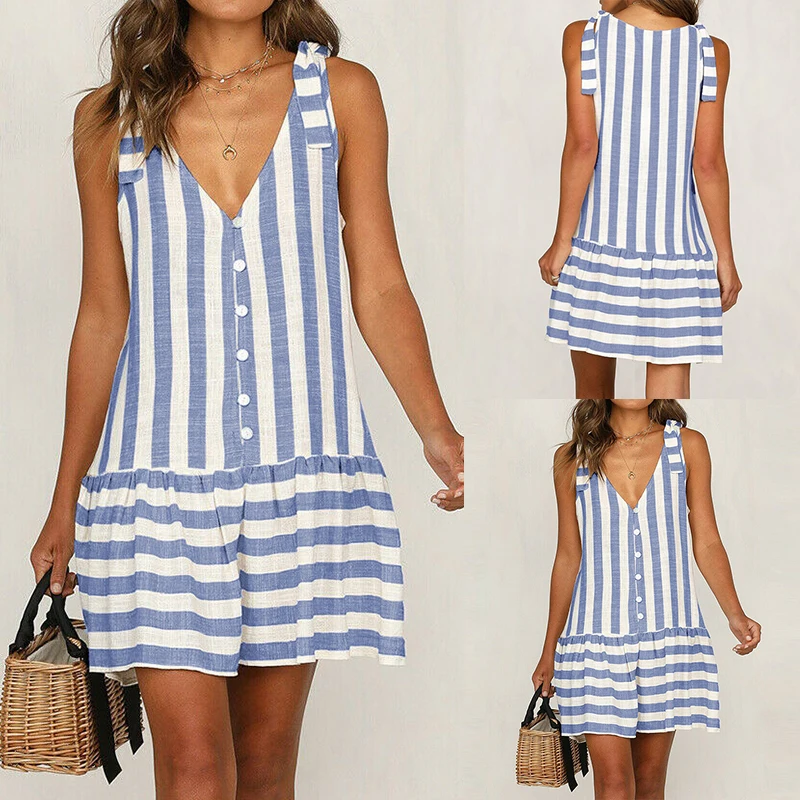 Women Summer Striped Mini Dress Lady Short Sleeve Sexy V-Neck Button Elegant Dress 2019 Summer Boho Sleeveless Dresses Sundress
Women Summer Striped Mini Dress Lady Short Sleeve Sexy V-Neck Button Elegant Dress 2019 Summer Boho Sleeveless Dresses Sundress
