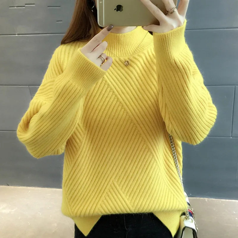 PEONFLY New 2019 Loose Thick Warm Winter Pullover Sweater Women Jumper Half Turtleneck Long Sleeve Knit Yellow Female | Женская одежда