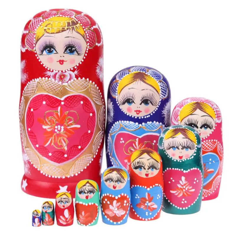 Wooden Toys 10pcs Matryoshka Doll Set Russian Nesting Babushka Matryoshka Hand Paint Heart Shape Crafts Wood Toy
Wooden Toys 10pcs Matryoshka Doll Set Russian Nesting Babushka Matryoshka Hand Paint Heart Shape Crafts Wood Toy