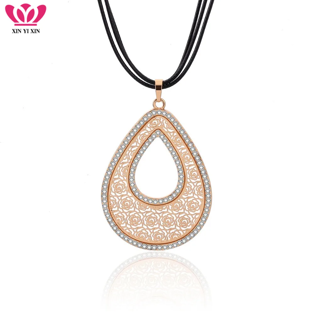 Vintage Crystal Water Drop Pendant Necklace for Women Gold Hollow Flower Multi-layers Black Leather Chain Long Necklace Jewelry
Vintage Crystal Water Drop Pendant Necklace for Women Gold Hollow Flower Multi-layers Black Leather Chain Long Necklace Jewelry