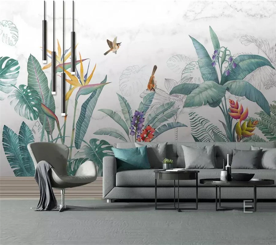 

Beibehang Custom wallpaper 3d murals Nordic hand-painted small fresh tropical plants flowers and birds TV background wall paper