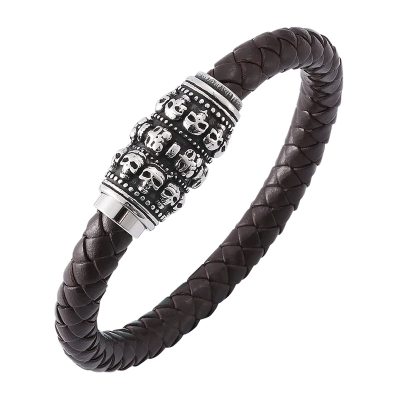 Simple Brown Braided Leather Skeleton Bracelet Punk Jewelry Men Retro Wristband Stainless Steel Magnetic Clasp Bangles SP0148
Simple Brown Braided Leather Skeleton Bracelet Punk Jewelry Men Retro Wristband Stainless Steel Magnetic Clasp Bangles SP0148