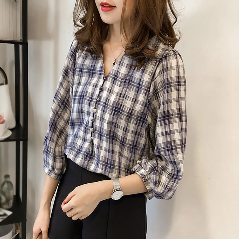 EFINNY Ladies Plaid Loose T Shirt Women V-Neck Print Lantern Sleeve T-shirt Female Three Quarter Casual T Shirt
EFINNY Ladies Plaid Loose T Shirt Women V-Neck Print Lantern Sleeve T-shirt Female Three Quarter Casual T Shirt