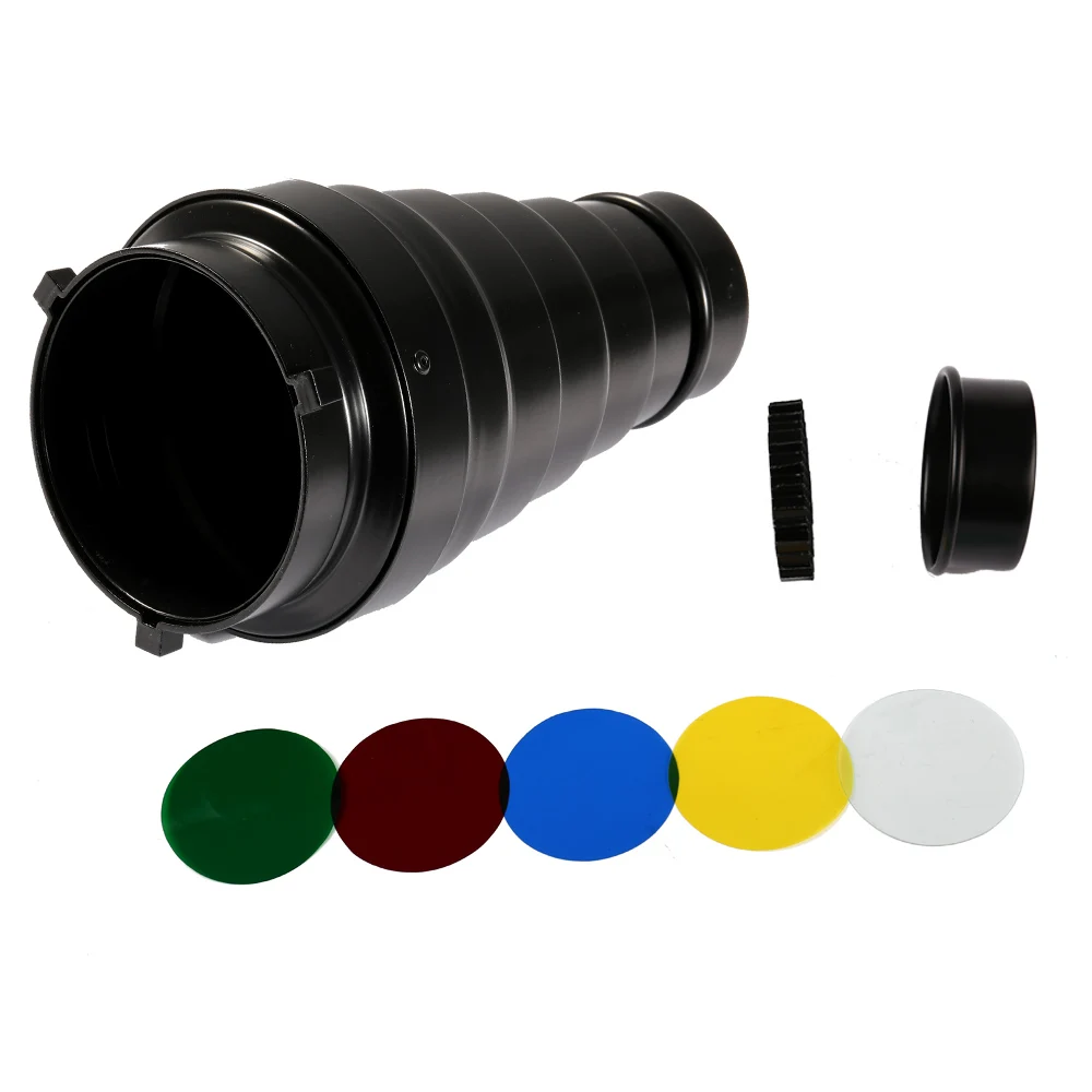 Medium Aluminium Alloy Conical Snoot Kit with Honeycomb Grid and 5 Pieces Color Gel Filters for Bowens Mount Studio Strobe
Medium Aluminium Alloy Conical Snoot Kit with Honeycomb Grid and 5 Pieces Color Gel Filters for Bowens Mount Studio Strobe