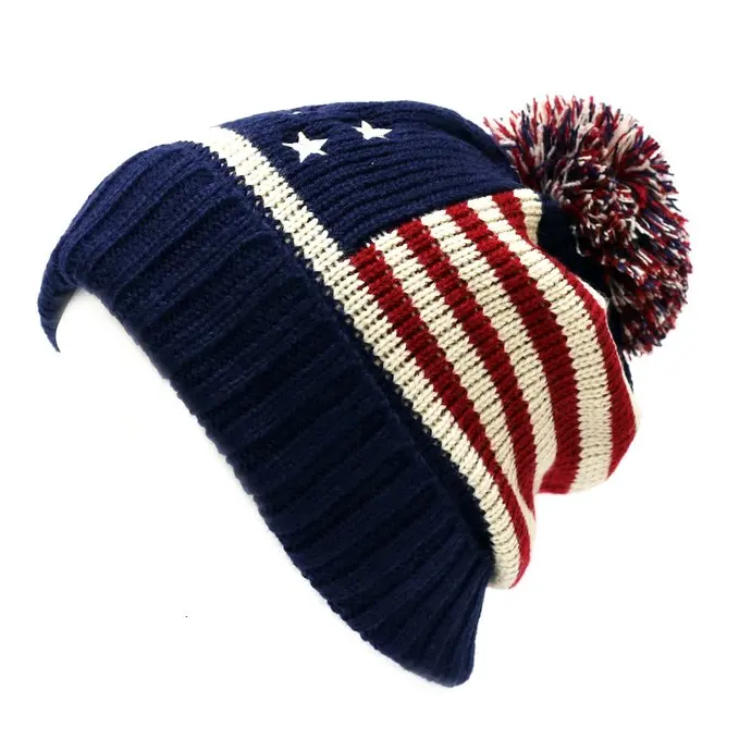 

Winter Vintage Stars Stripe Knit USA Flag Beanie Skull Ski Pom Pom Hat Cap wool winter warm knitted caps and hats