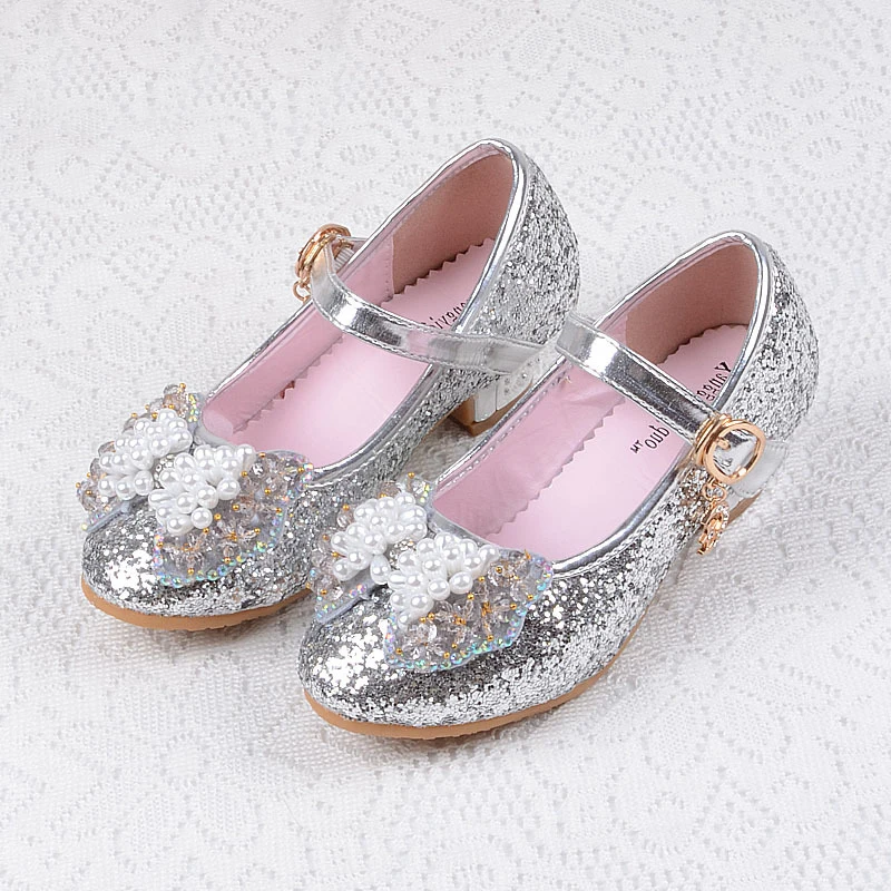 Fashion Kids Dance Girls Shoes Pink Children's High Heels Leather Cute bowtie Cartoon crystal Princess Shoes Sequins party shoes