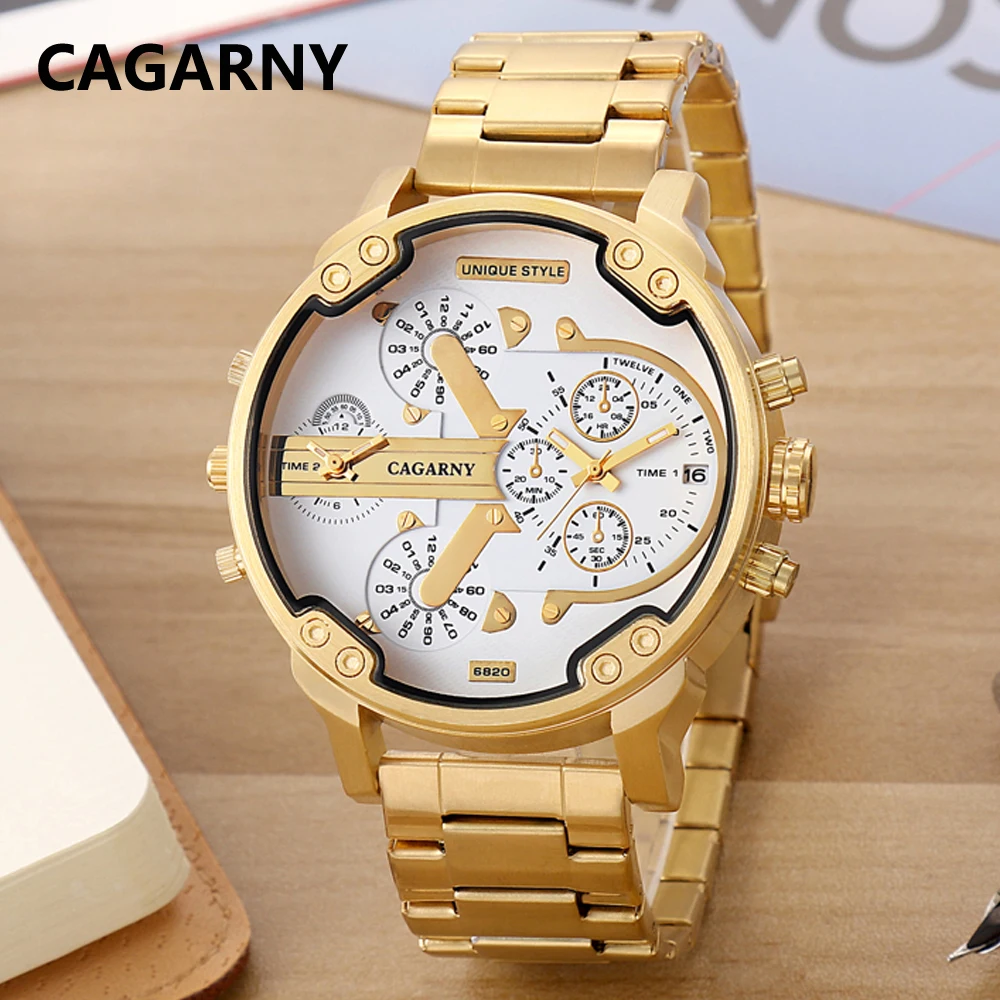 

Cagarny Cool Big Watch For Men Luxury Golden Steel Bracelet Quartz Watches Man Dual Times Military Relogio Masculino D6820 XFCS