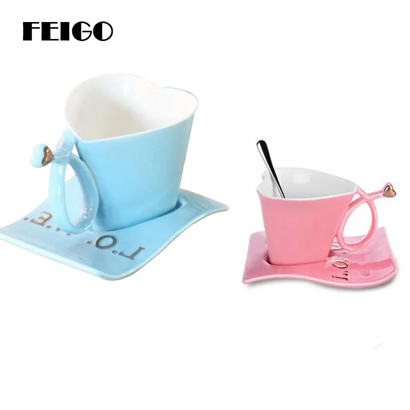 

FEIGO Cute 200ml Heart Shape Mug Ceramic Coffee Cups Set Coffee Cup+Saucer Loves Tea Cup Set For Couple Mugs Fashion Gift F374