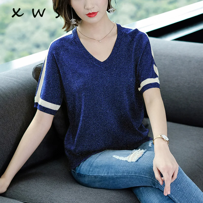 2019 Shiny Lurex Summer knitted Slim Pullover Women V-Neck Sweater Shirt Female All-match Basic Short Sleeve female sweater
2019 Shiny Lurex Summer knitted Slim Pullover Women V-Neck Sweater Shirt Female All-match Basic Short Sleeve female sweater