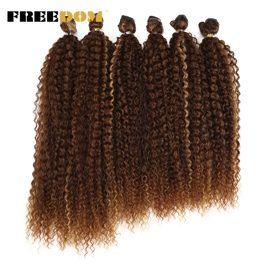 

FREEDOM Synthetic Weaving 18" 20" 22"6PCS/Lot Kinky Curly Ombre Hair Bundles Natural Black Blonde Color Hair Extension For Women