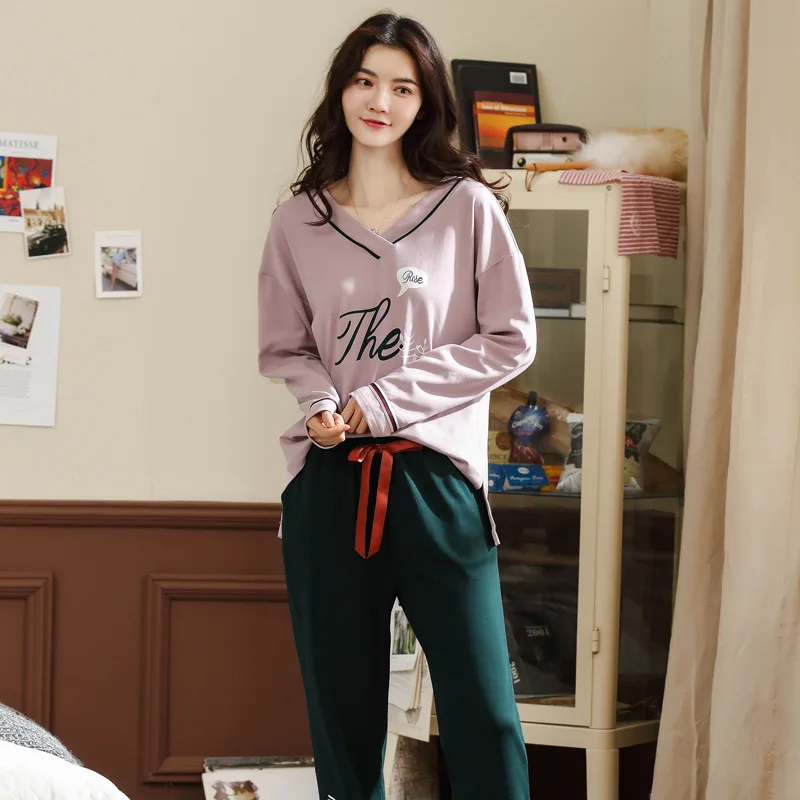 Women cotton pajamas women spring and autumn set v neck long sleeve trousers casual two piece wholesale pajama sets | Женская одежда