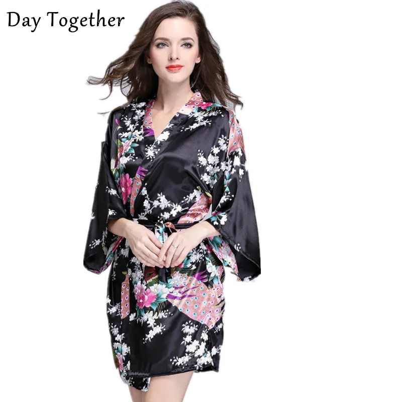 

Summer Floral Peacock Printed Women's Robes Nightgown Satin Short-sleeved Blet Dressing Gowns Kimono Bathrobes