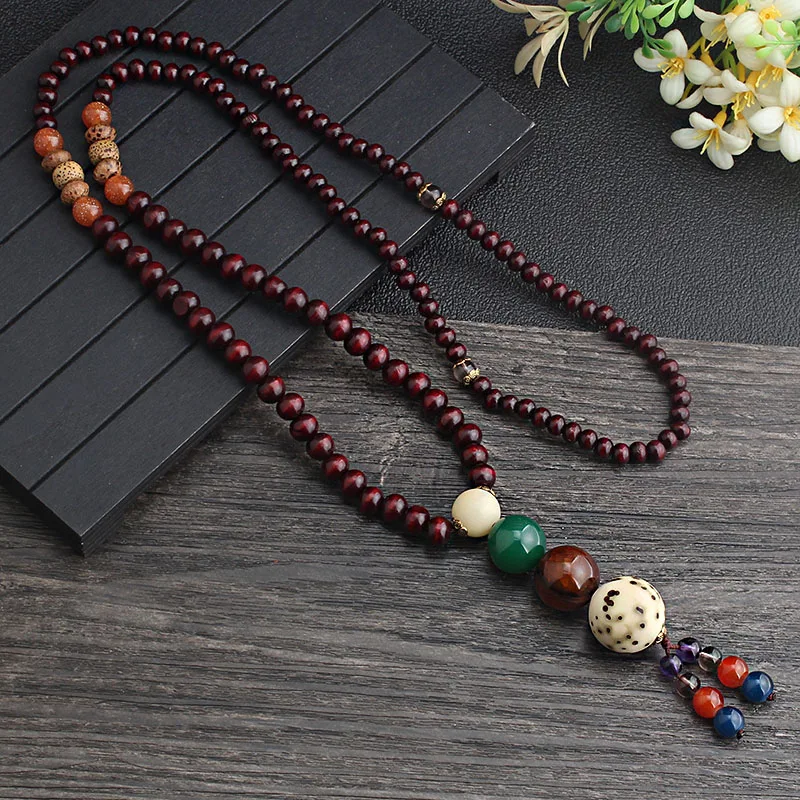 Ожерелье с подвеской из дерева бодхи и бусинами мала ручной работы из Непала в этническом стиле для женщин и мужчин.