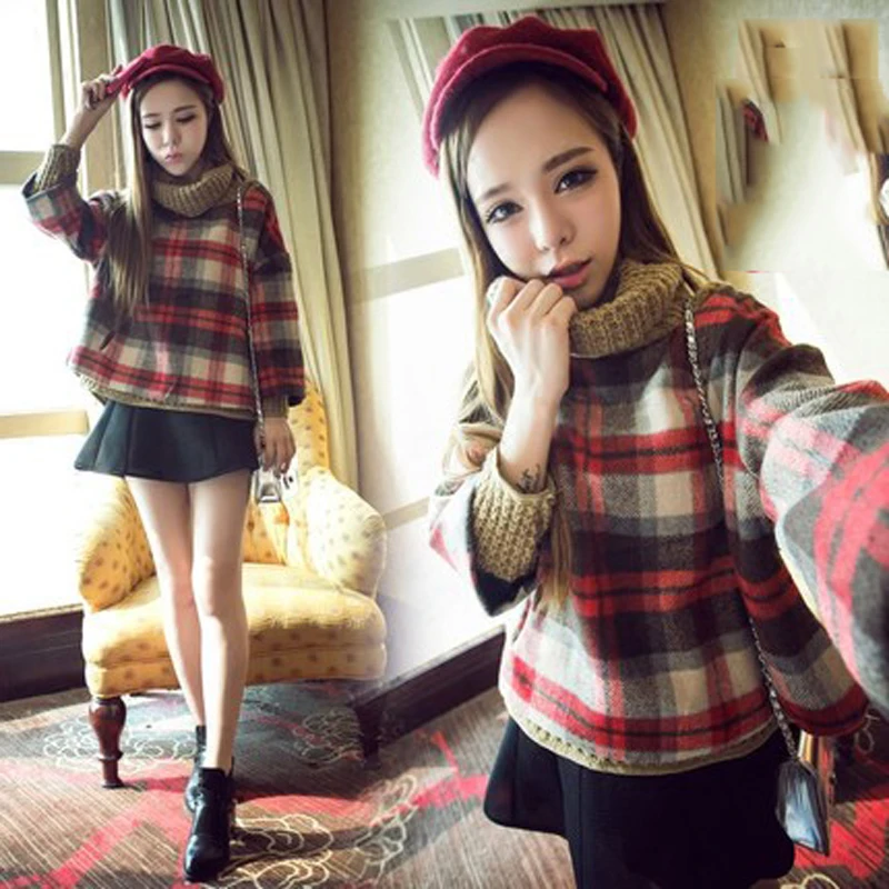 Autumn and winter new women fake two pieces of British fashion plaid bat sleeves loose cloak short section student sweater TB736
Autumn and winter new women fake two pieces of British fashion plaid bat sleeves loose cloak short section student sweater TB736