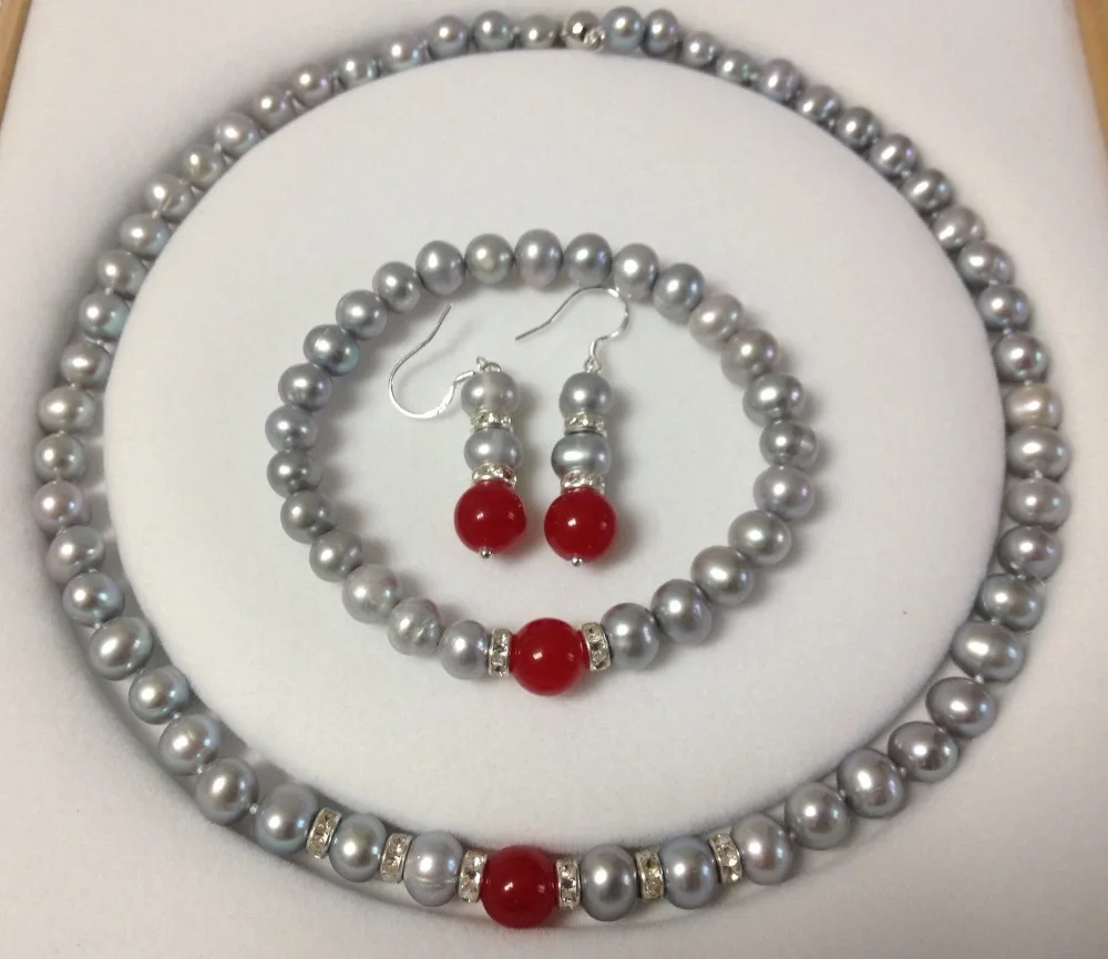 Hot new fashion style Wedding gift 8-8.5mm Gray Akoya Cultured Pearl/Red Jades Bracelet Necklace Earrings Set BV125
Hot new fashion style Wedding gift 8-8.5mm Gray Akoya Cultured Pearl/Red Jades Bracelet Necklace Earrings Set BV125