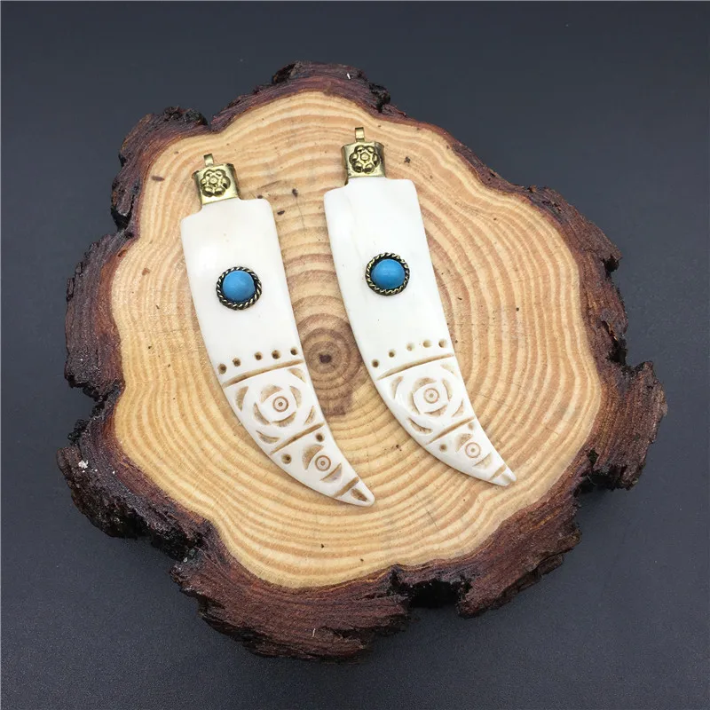 Craved Bone Charm Pendant, Tusk Horn OX bone Pendant With Brass Cap and blue stone paved MY1383
Craved Bone Charm Pendant, Tusk Horn OX bone Pendant With Brass Cap and blue stone paved MY1383