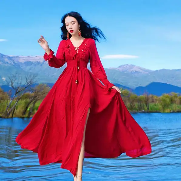 Red Linen Maxi Dress Women V Neck High Split Summer Long Dresses Beach Holiday Vestidos
Red Linen Maxi Dress Women V Neck High Split Summer Long Dresses Beach Holiday Vestidos
