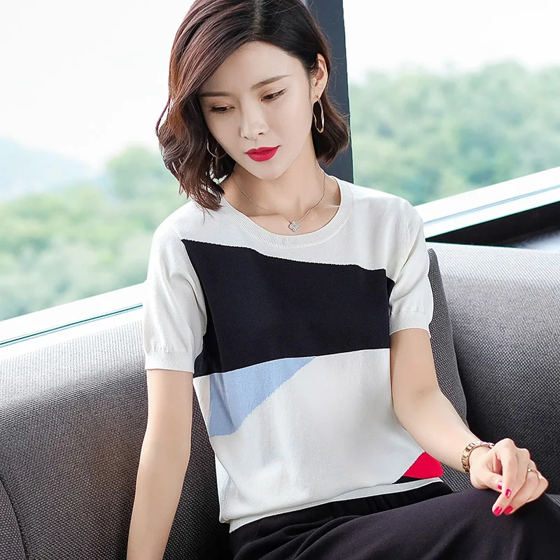 Summer women patchwork colors plaid knit blouse fashion female round-neck causal blouse tops short-sleeved
Summer women patchwork colors plaid knit blouse fashion female round-neck causal blouse tops short-sleeved