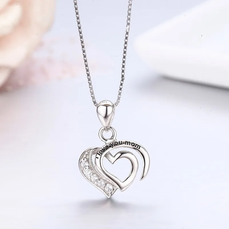 Кулон женский из серебра 925 пробы с двумя сердечками и надписью I lOVE YOU MOM |