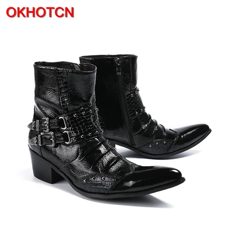 OKHOTCN Black genuine leather man Chelsea boots solid pointed toe double metal buckle decoration male ankle boots martin boots
OKHOTCN Black genuine leather man Chelsea boots solid pointed toe double metal buckle decoration male ankle boots martin boots