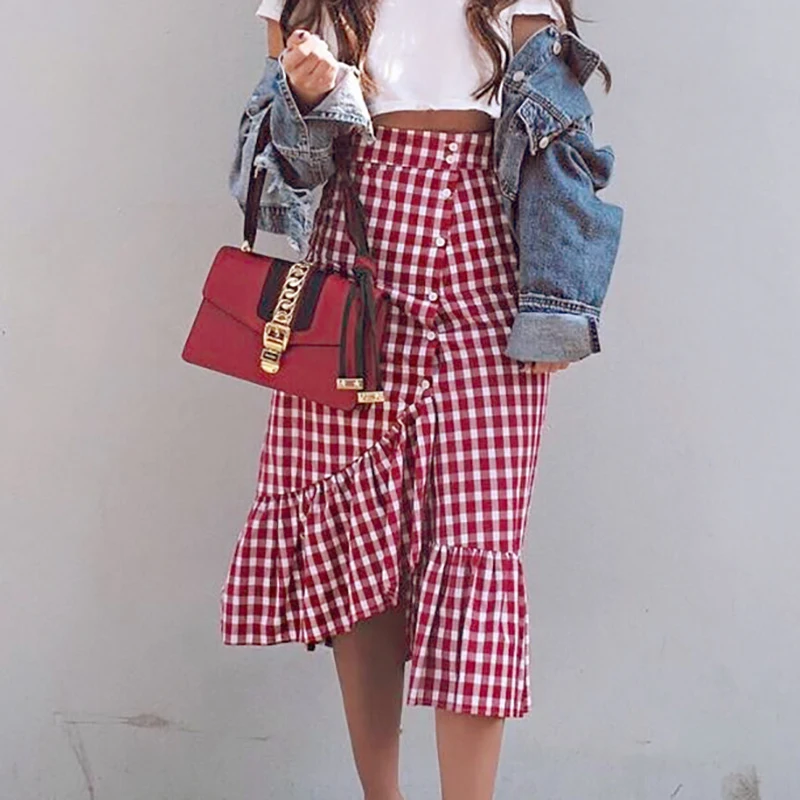 HOWMAYLEE Cotton Red Plaid Skirt Women 2018 Summer Autumn Long Skirt Female Elastic High Waist Streetwear Ruffle Button Down
HOWMAYLEE Cotton Red Plaid Skirt Women 2018 Summer Autumn Long Skirt Female Elastic High Waist Streetwear Ruffle Button Down